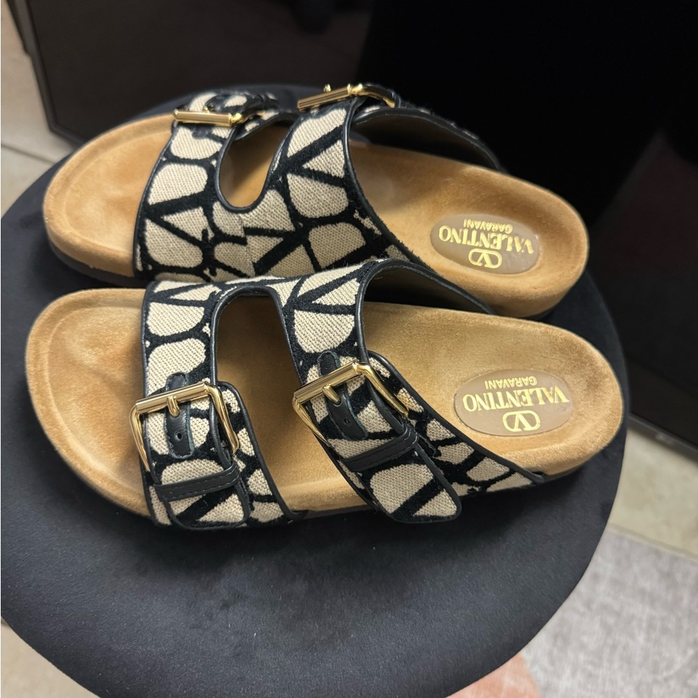 Valentino Black and Cream Slippers with Geometric Pattern